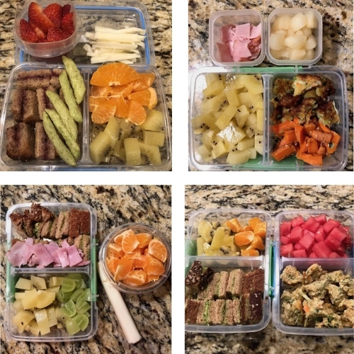 Daycare Lunch Ideas: snap peas, lunch meat, cheese, fruit, zucchini muffin