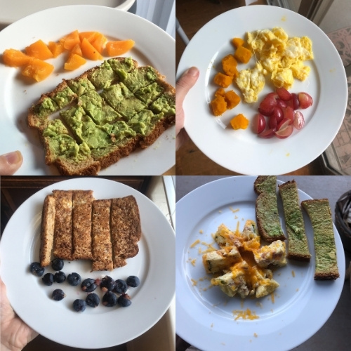 Self Feeding Meal Ideas: avocado toast bites, scrambled eggs, french toast, egg muffin cup. 