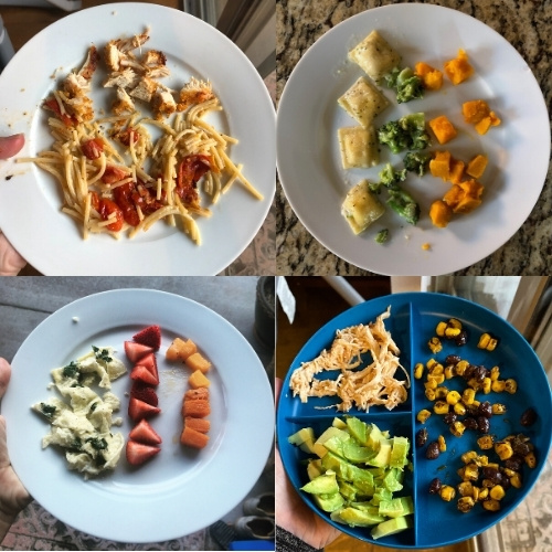 Self-Feeding 12-16 Months: chicken parmesan, ravioli, tortellini, black beans and corn