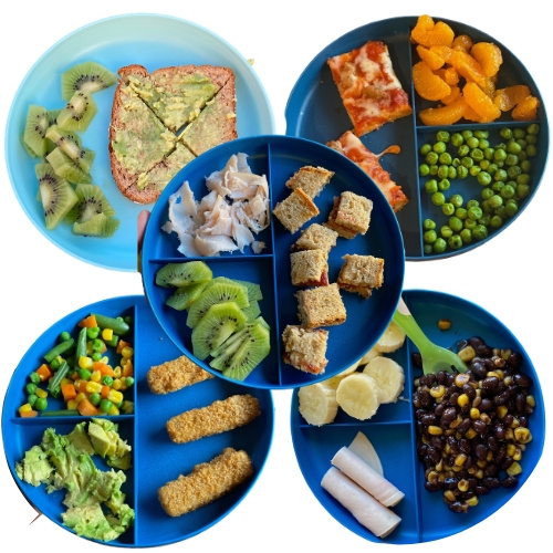 Toddler Lunch Ideas: avocado toast, pizza, pb&j, fish sticks, beans and corn