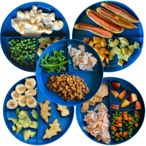 Toddler Lunch Ideas: mac 'n cheese, veggie corn dog, baked beans, broccoli littles, crackers and lunch meat
