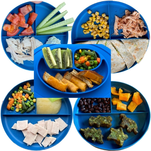 Toddler Lunch Ideas: pulled chicken, quesadilla, grilled cheese, turkey, spinach littles