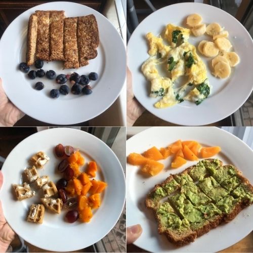 Self-Feeding Food: French toast, scrambled eggs, waffle, avocado toast