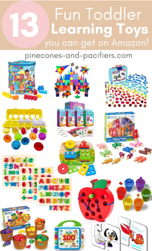 Graphic showing 13 fun toddler learning toys