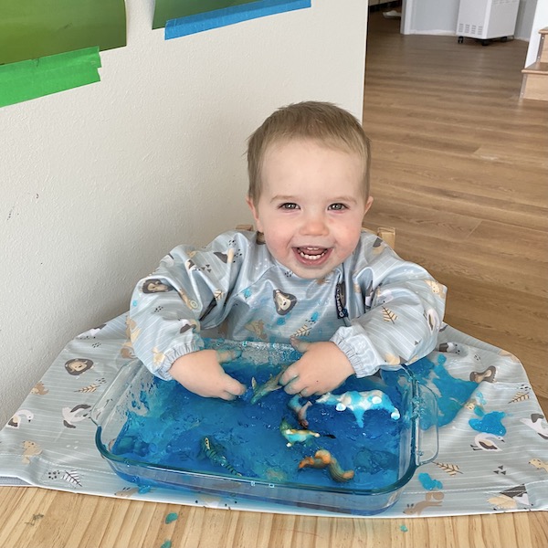 Boy playing with animal figurines in jello.