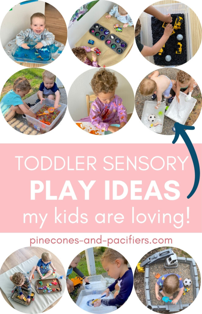 Graphic showing 9 sensory play activities and wording "Toddler Sensory Play Ideas my kids are loving" 