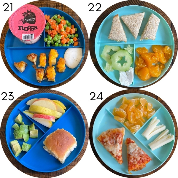 Four plates with toddler meal ideas