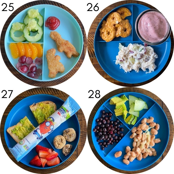 Four toddler meal ideas on plates