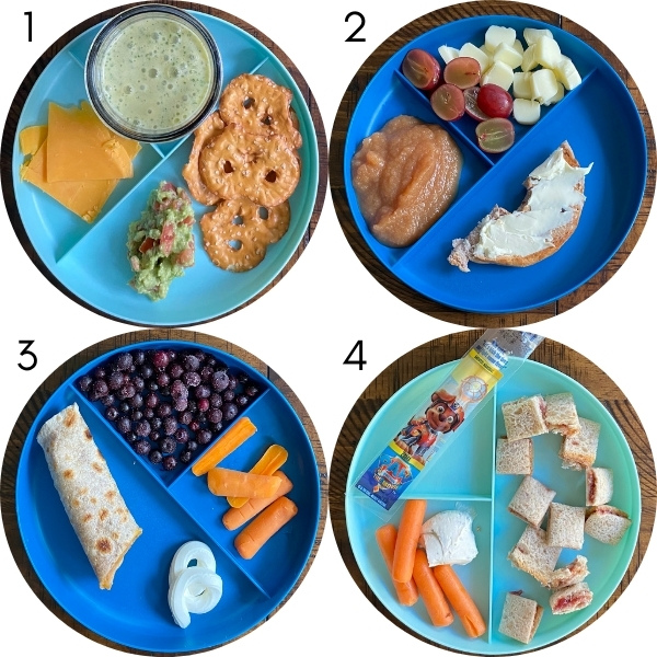Four plates with toddler lunch on them