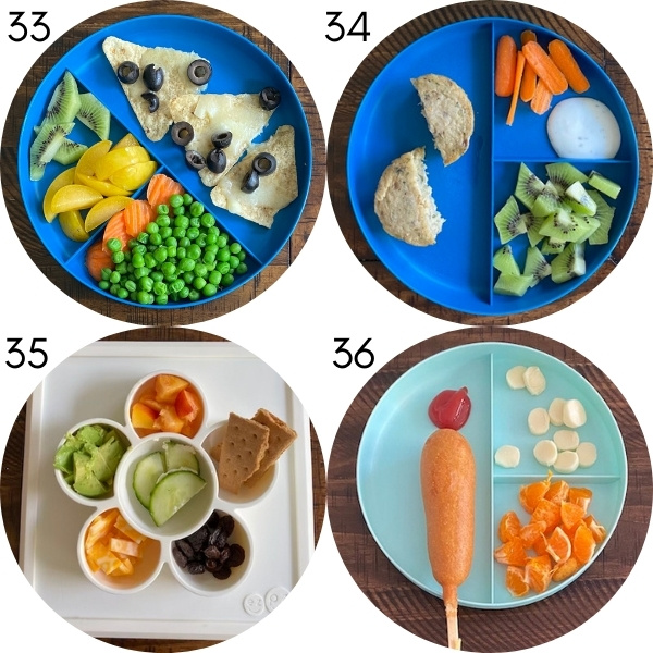 Four toddler plates with meal ideas