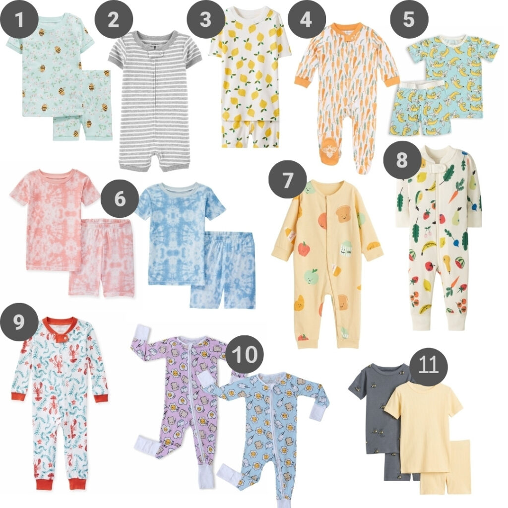 Graphic showing 11 options for cute summer pjs for babies and toddlers