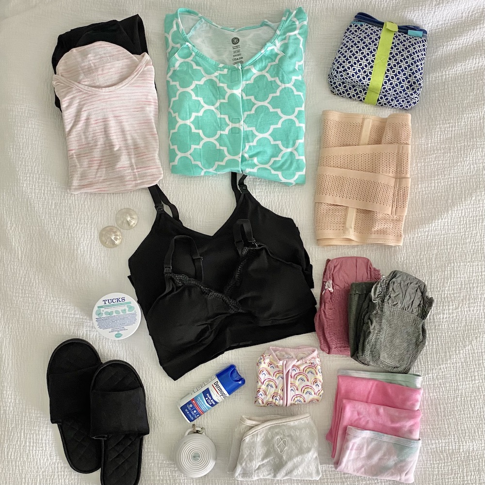 Flatlay of what to bring in your hospital bag