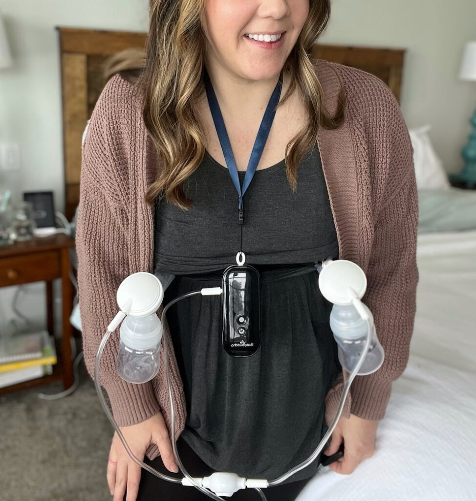 Wearing Baby Buddha breast pump 