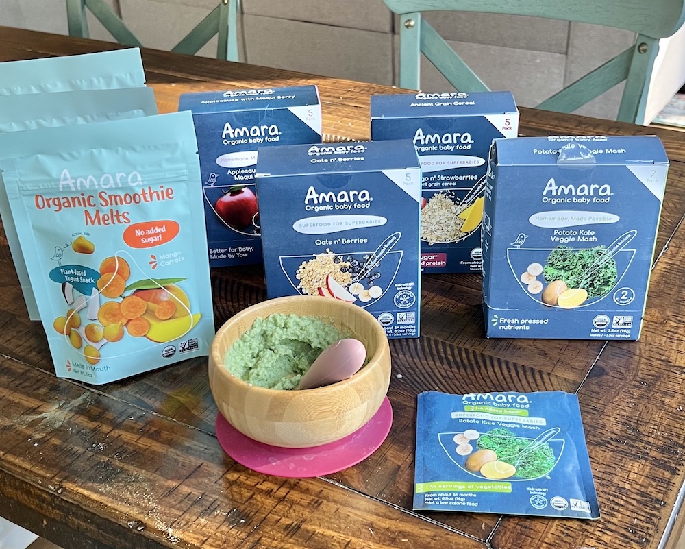 Amara baby food displayed and Amara smoothie melts