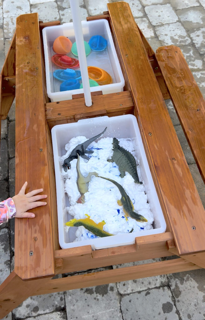 sensory play set up for 3-in-1 picnic table