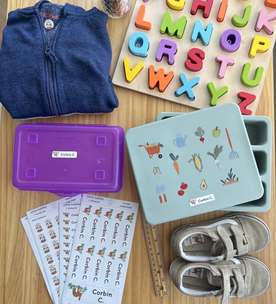 Back to school gear with name bubbles labels