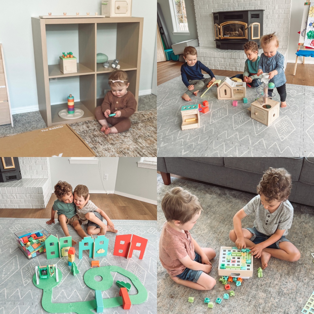 Four photos of kids playing with Montessori Toys