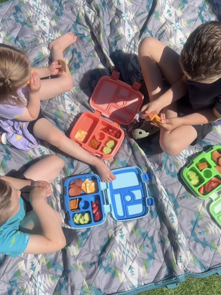Kids having a picnic in the backyard in the summer